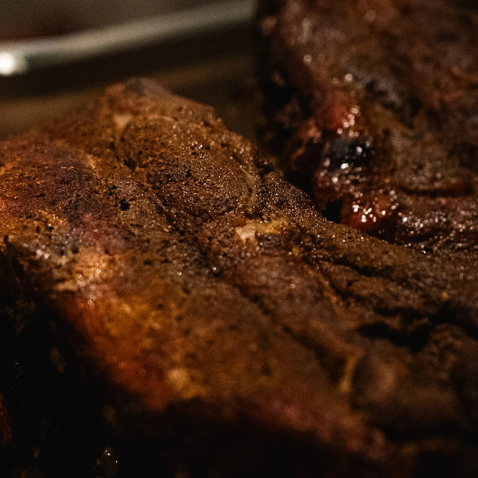 Close view of smoked pork ribs with dark bark and rendered edges.