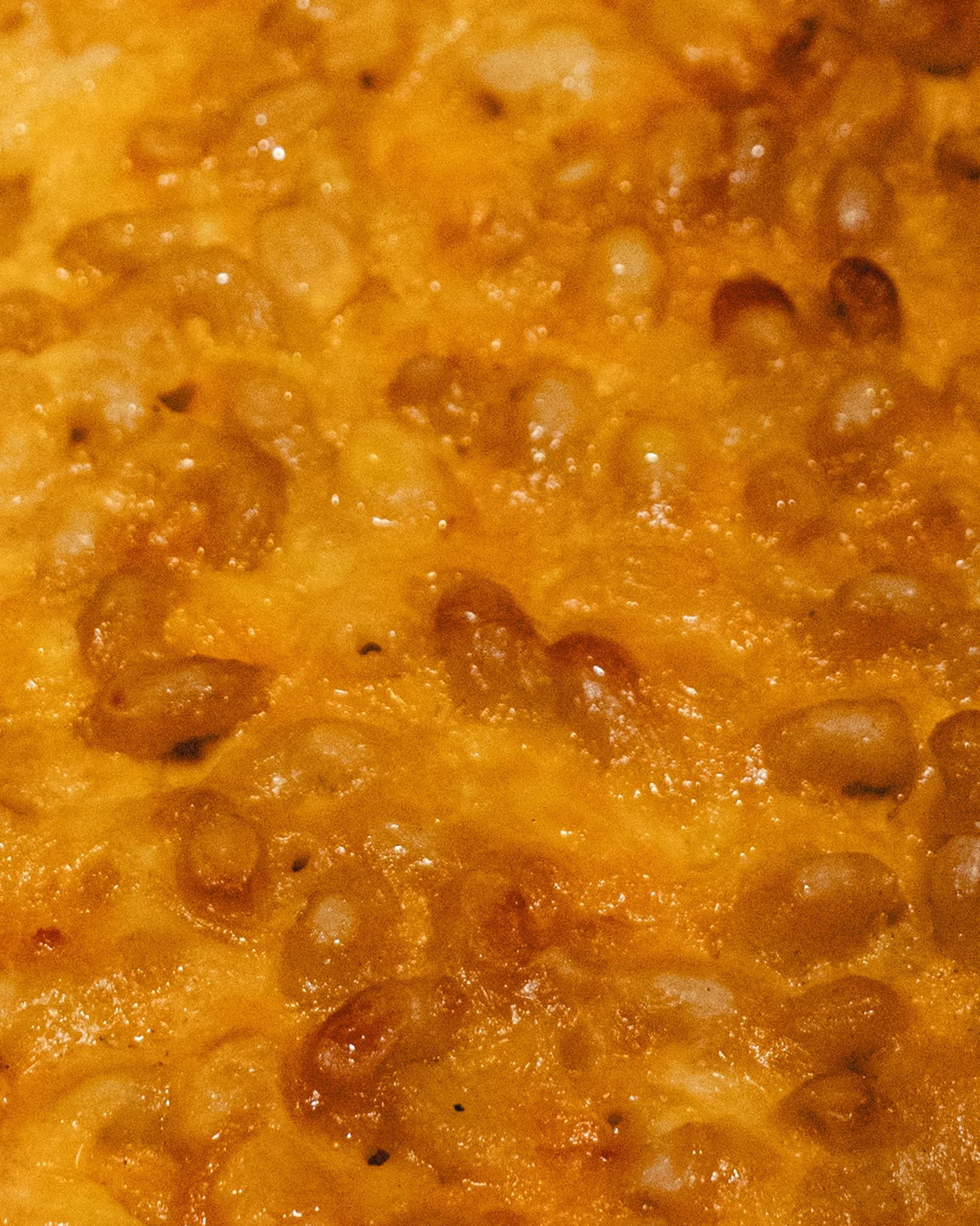 Close view of smoked three-cheese macaroni with a browned, bubbling top.